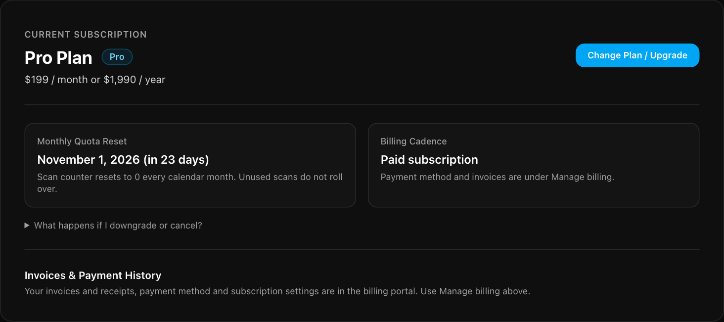 The current subscription panel showing the Pro plan at 199 dollars per month, the quota reset date, the billing cadence and a Change Plan or Upgrade button