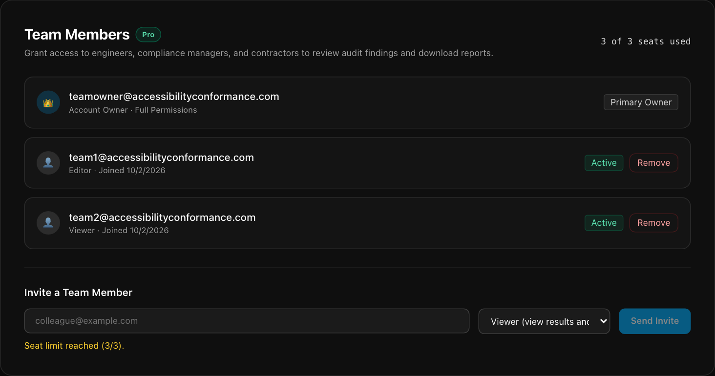 The Team Members panel listing the account owner, an Editor and a Viewer, a seat counter showing 3 of 3 used, and an invite form with an email field and a role selector