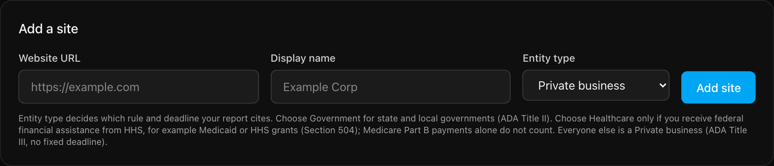 The Add a site form with fields for website URL, display name and entity type, and an Add site button