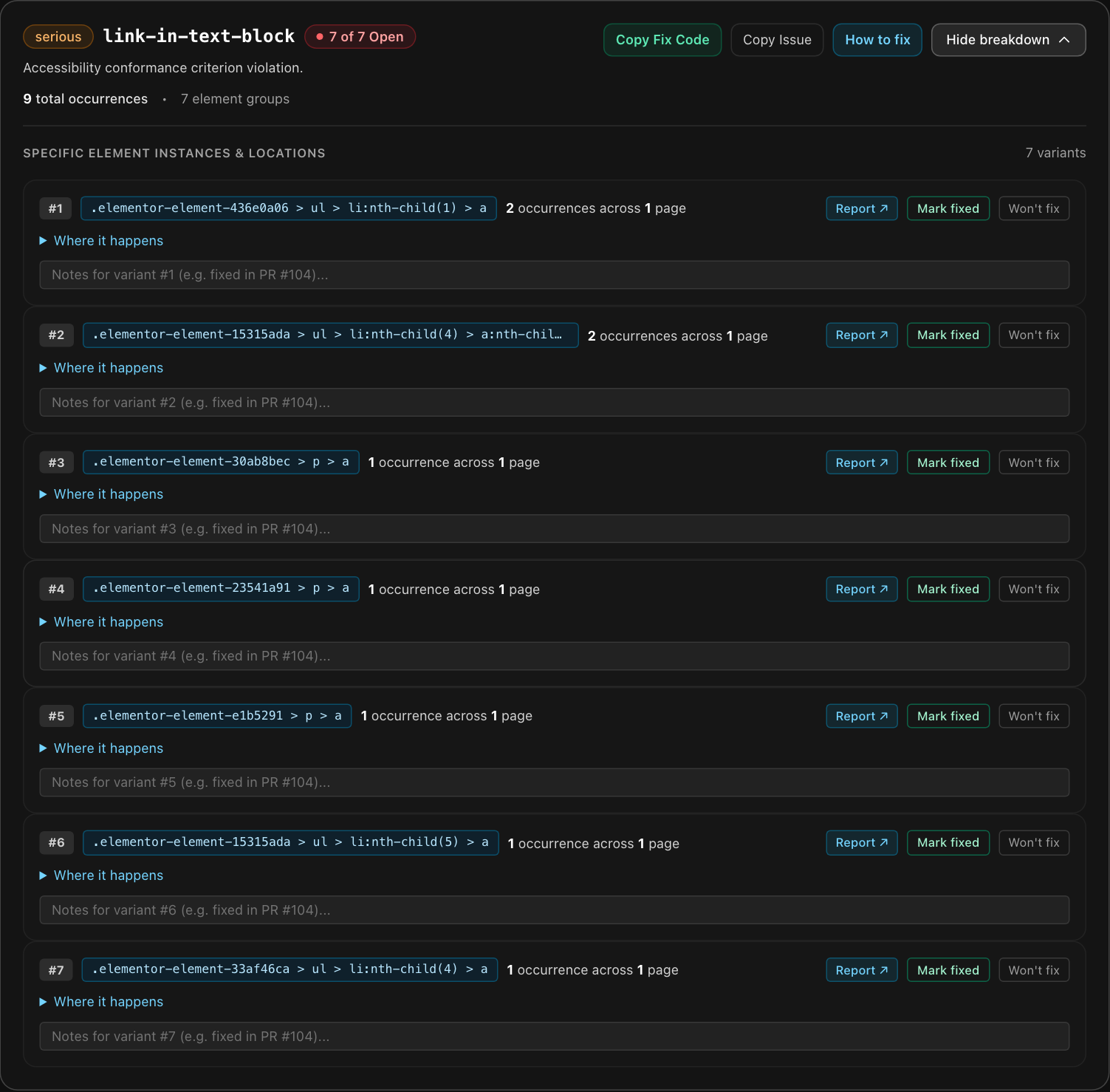 A breakdown listing seven variants of a finding, each with a CSS selector, an occurrence count, a Report link, Mark fixed and Won't fix buttons and a notes field