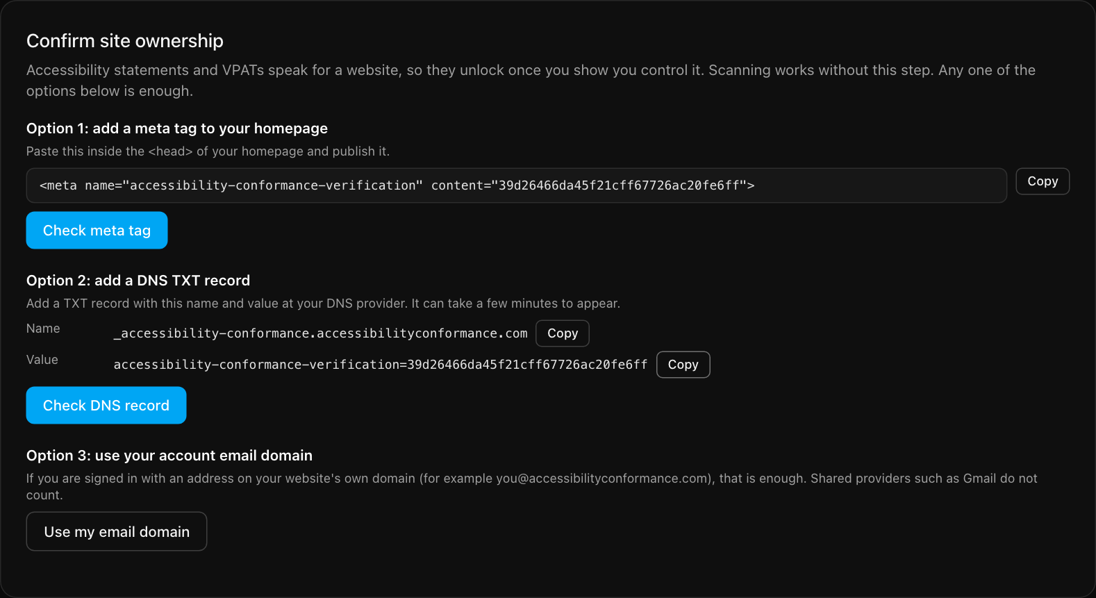 The Confirm site ownership panel with three options: add a meta tag to your homepage, add a DNS TXT record, or use your account email domain. The meta tag, the record name and the record value each have a Copy button