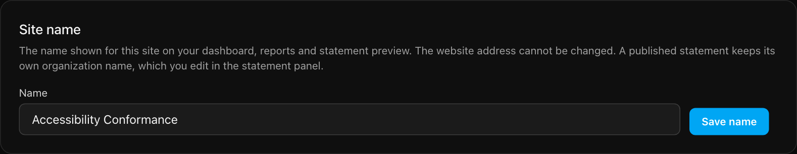 The Site name panel with a Name text box and a Save name button
