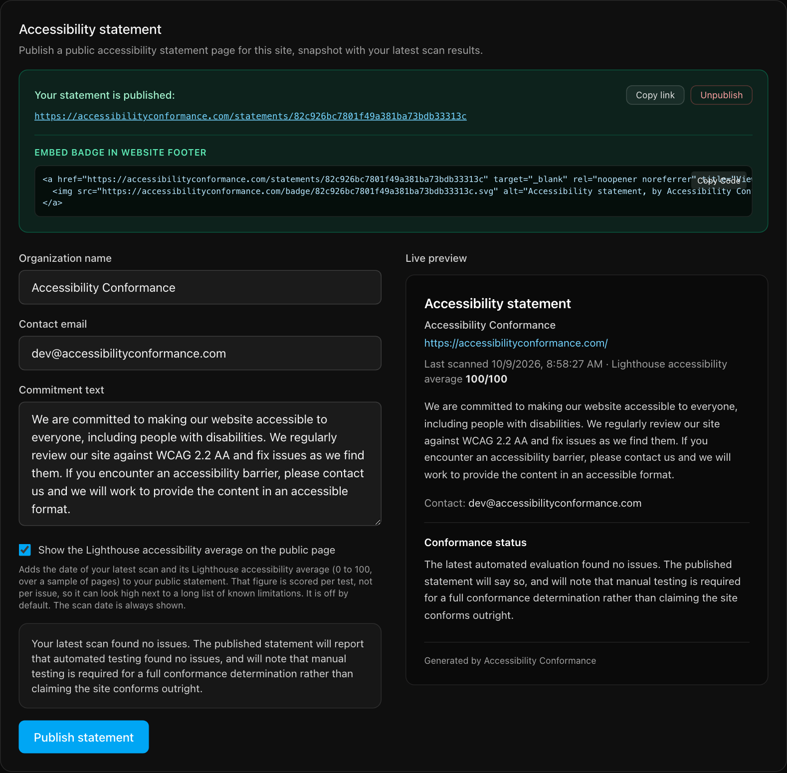 The Accessibility statement panel showing a published statement link, badge embed code, form fields for organization name, contact email and commitment text, a live preview and a Publish statement button