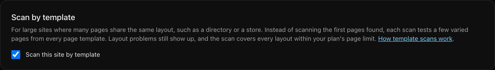 The Scan by template panel on the Settings tab, with a checkbox labeled Scan this site by template turned on