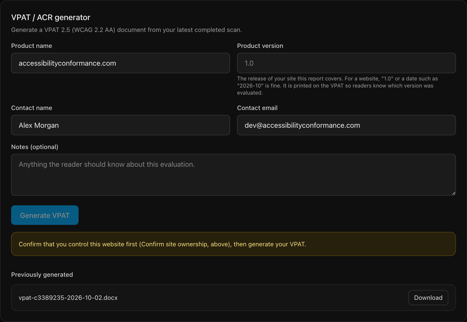 The VPAT and ACR generator form with product name, product version, contact name, contact email and notes fields and a Generate VPAT button